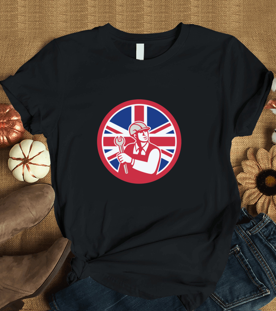 Union Jack Flag Background British Engineer Holding Wrench T-Shirt