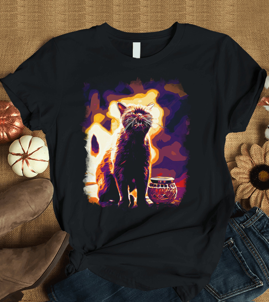 British Shorthair Cat Silhouette at Vibrant Late Sunset Scene T-Shirt