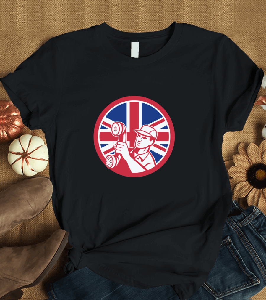 British Flag Telephone Repair Technician Icon Holding Receiver T-Shirt