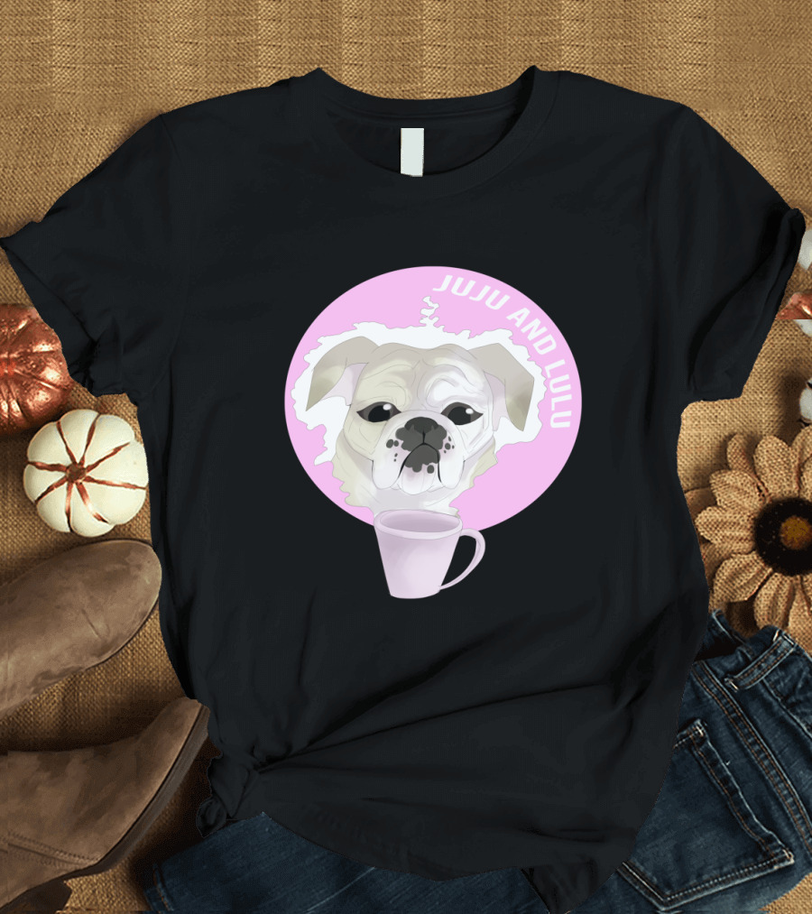 Juju and Lulu Bulldog with Pink Coffee Cup Circle T-Shirt