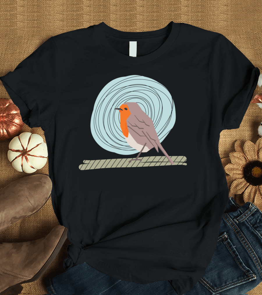 Happy Robin Red Breast Perched on Branch with Blue Swirl Background T-Shirt