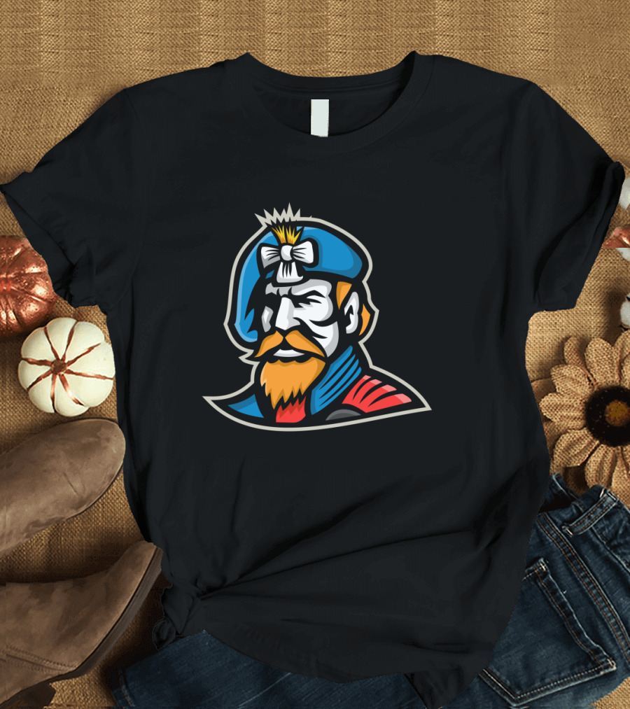 Highlander Mascot Bold Bearded Warrior with Blue Cap and Red Accents T-Shirt