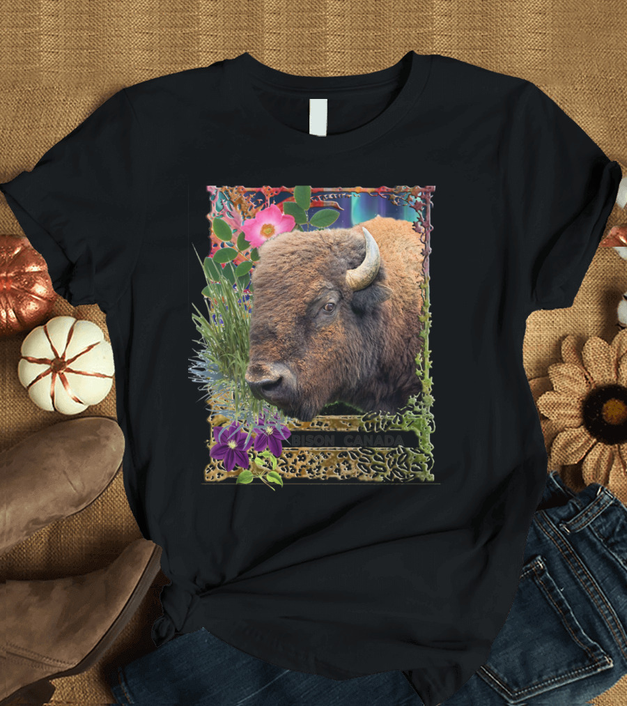 Bison Canada with Vibrant Floral Border and Horned T-Shirt