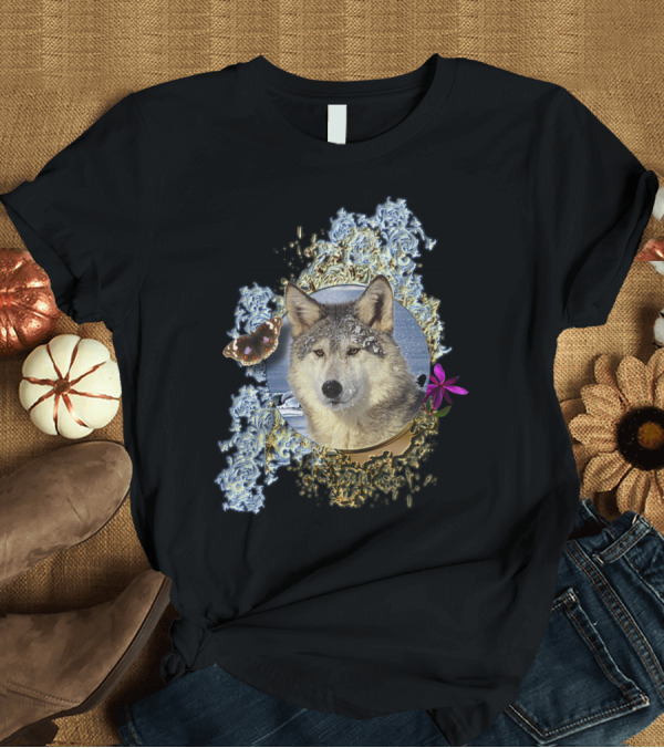 T-Shirt: Canadian Wolf Butterfly and Floral Forest Elements T-Shirt Canadian Wolf Butterfly and Floral Forest Elements T-Shirt
