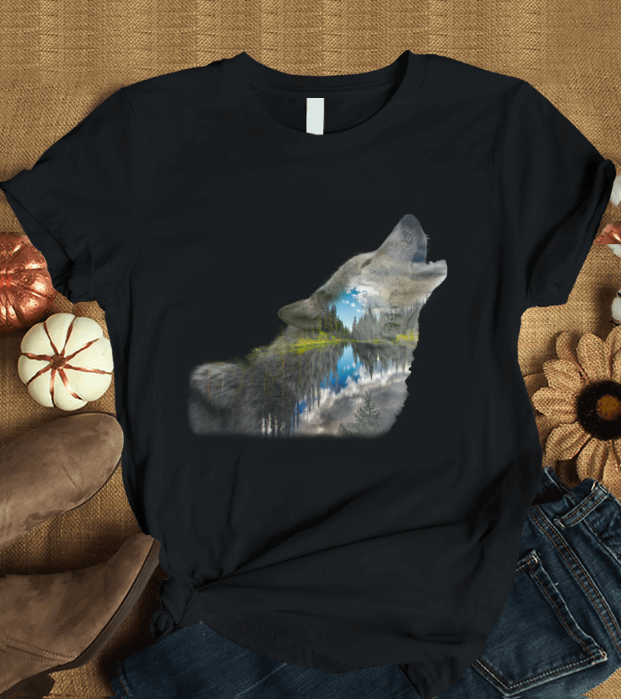 Wolf Howling with Forest Reflection and Mountain Lake Scene T-Shirt