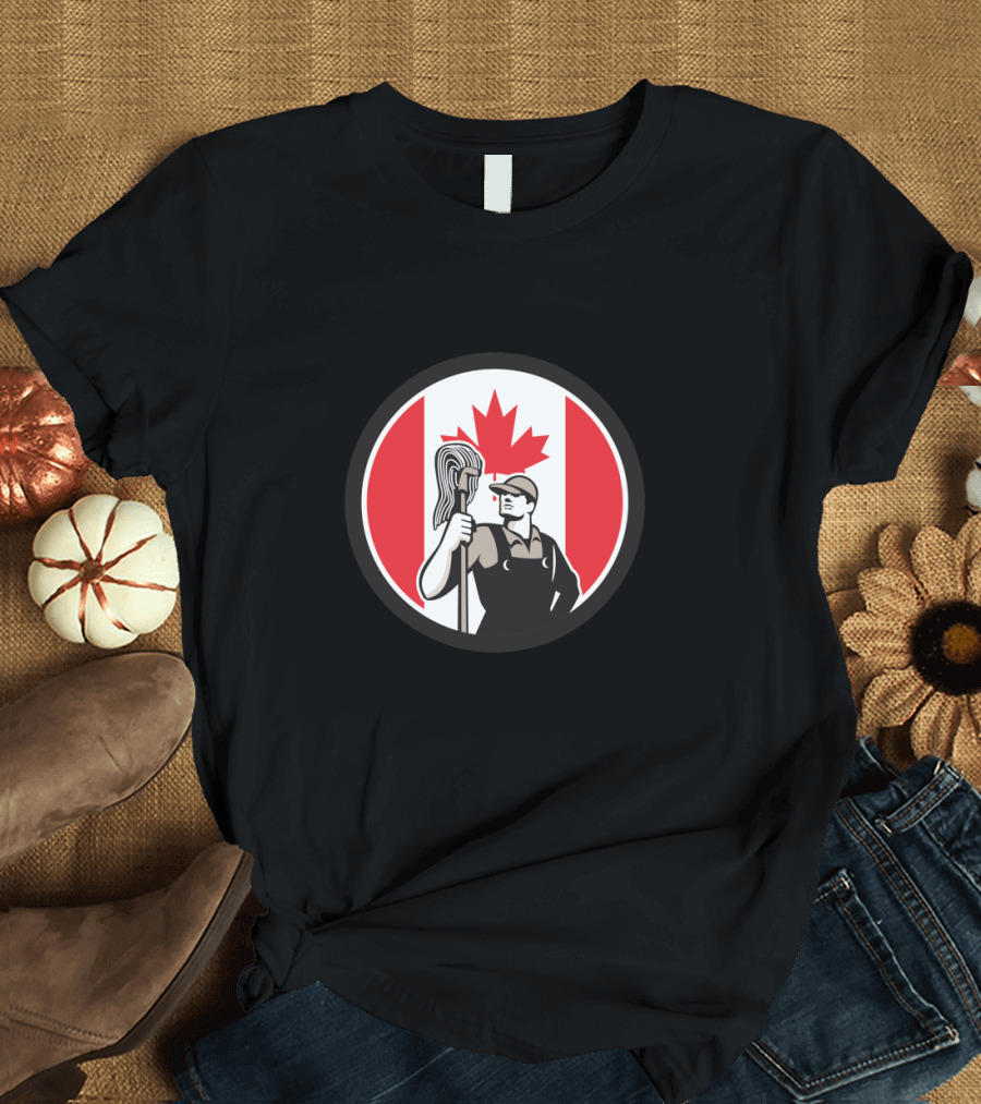 Canadian Workers Emblem with Industrial Cleaner Holding Mop and Canada Flag T-Shirt