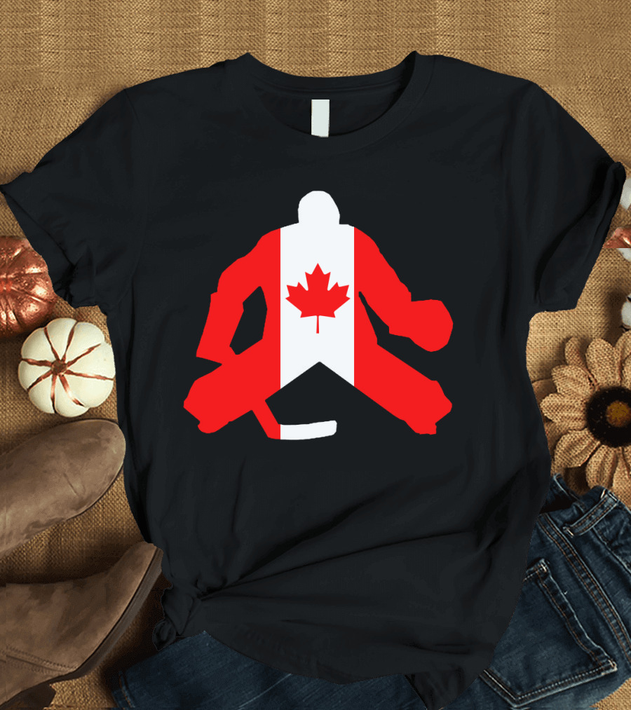 Canadian Flag Goalie Silhouette Ice Hockey Emblem T-Shirt