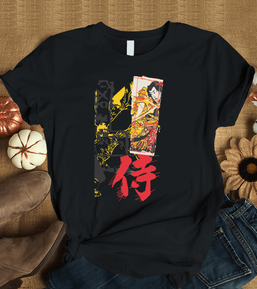 Samurai Ukiyo-e Style Artwork with Red Kanji Character T-Shirt