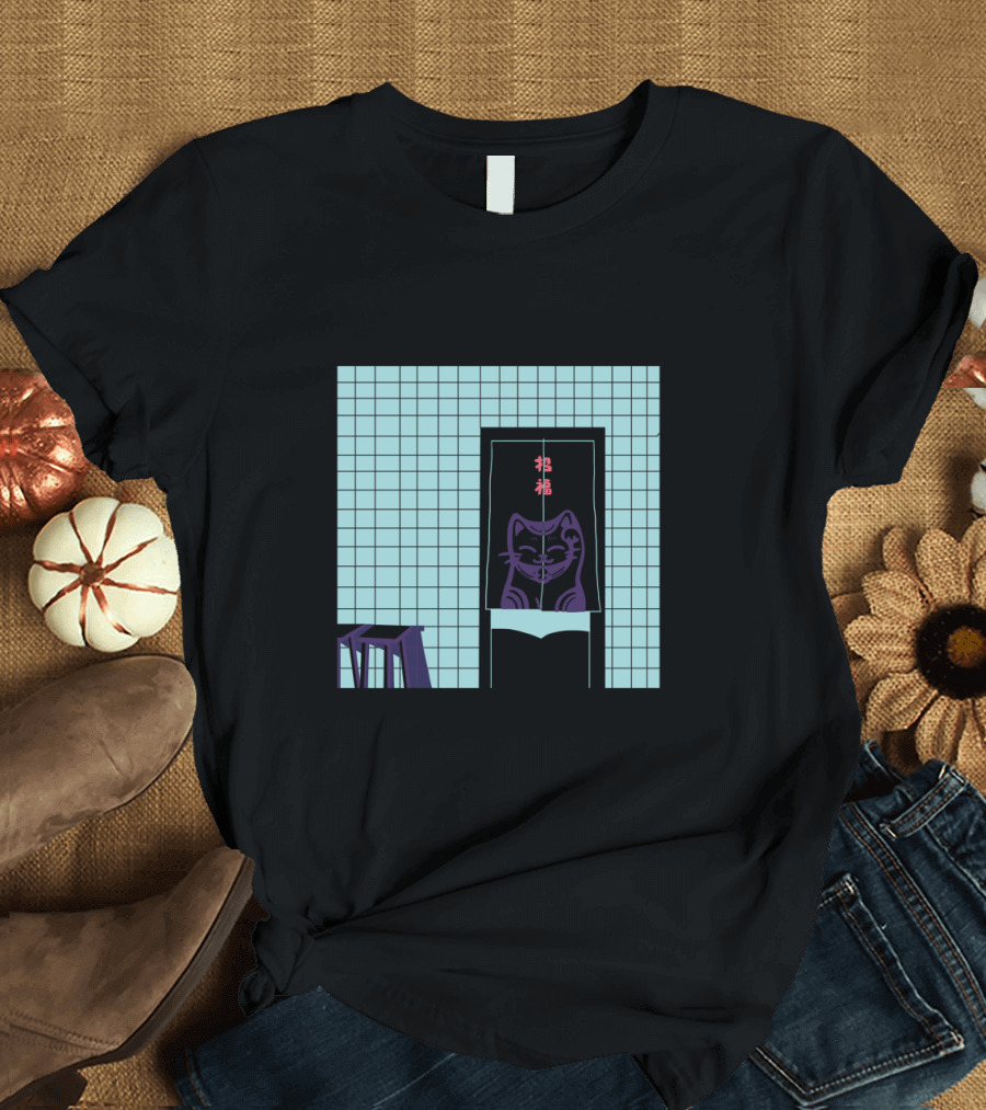 Japanese Noren Purple Cat in Tiled Room with Red Kanji Decor T-Shirt