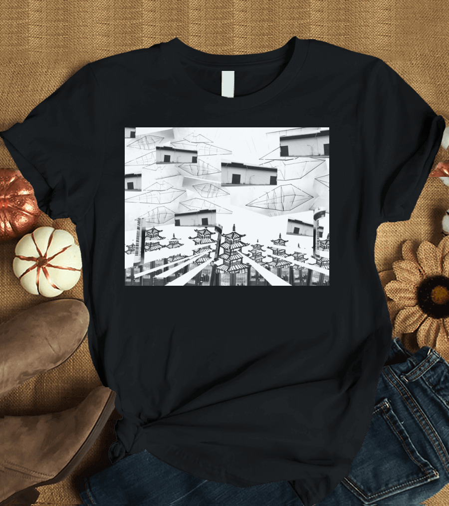 Chinese Rocks Pagoda Geometric Paper Planes Collage Urban T-Shirt