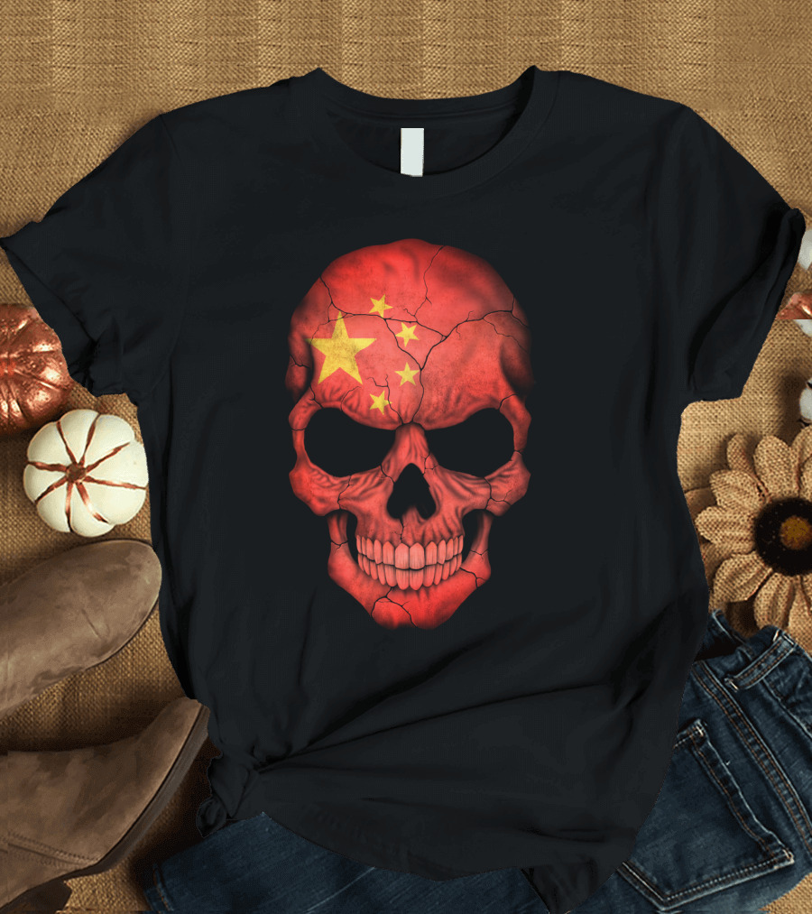 Chinese Flag Skull Illustration Featuring Red Cracked Surface with Prominent Yellow Stars T-Shirt