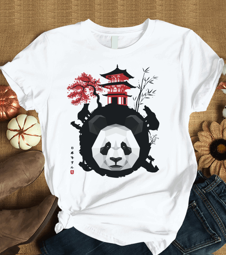 Geometric Panda with Japanese Pagoda and Cherry Blossoms in Moonlit Landscape Japan T-Shirt