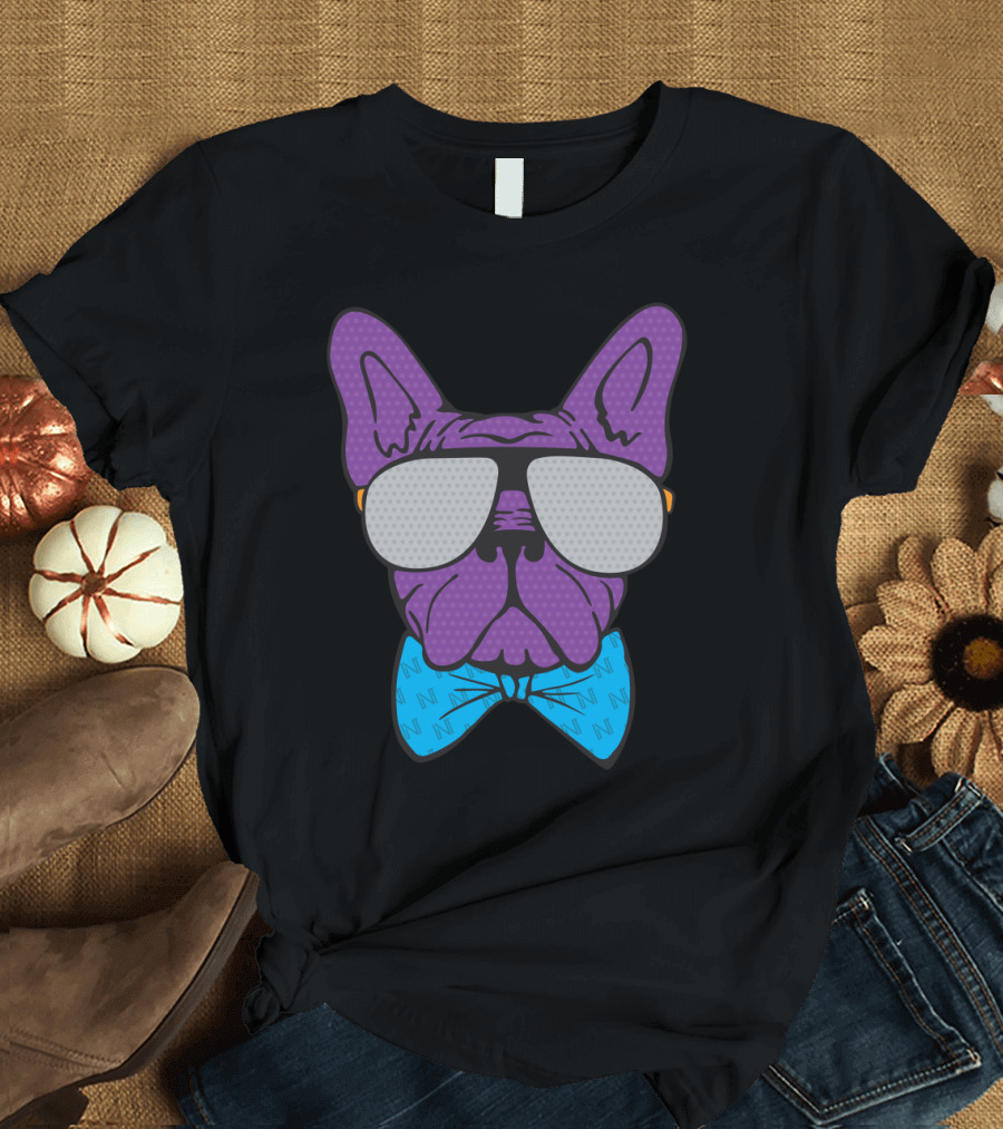 Frenchy Purple French Bulldog Illustration with Sunglasses Bow Tie T-Shirt