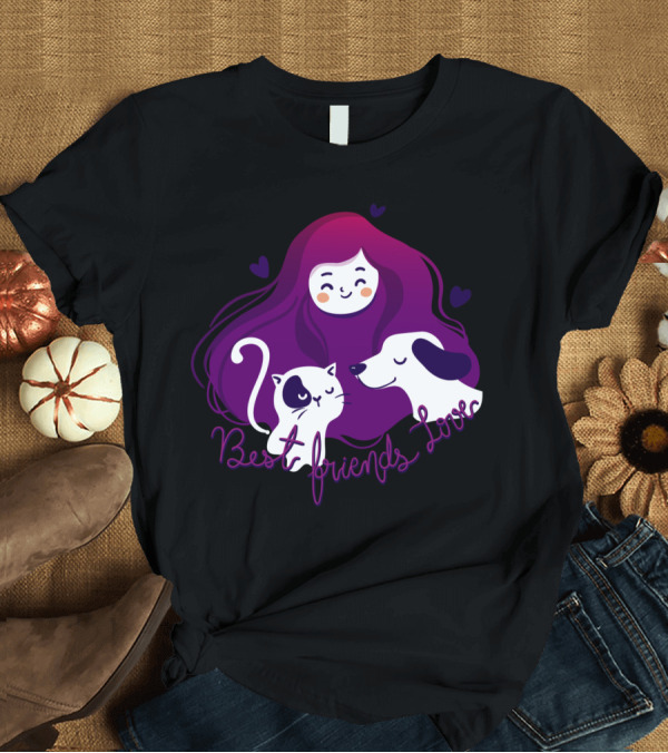 T-Shirt: Best Friends Love Girl with Cat and Dog Hearts T-Shirt Best Friends Love Girl with Cat and Dog Hearts T-Shirt