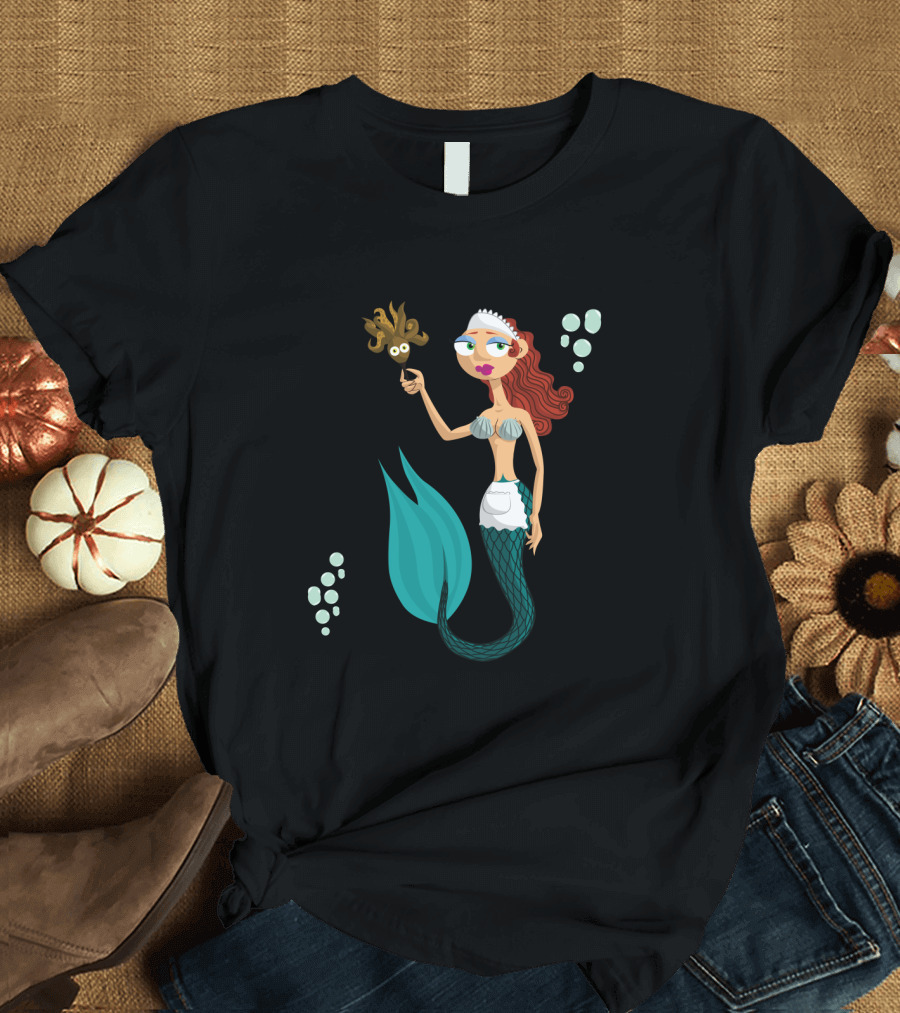 French Maid Mermaid with Aqua Tail and Seaweed Mask T-Shirt