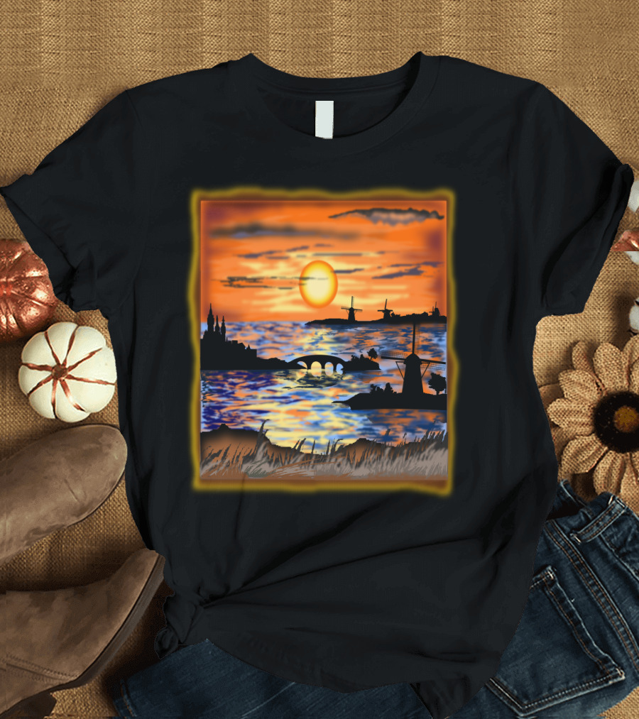 JulyEvents Other Windmill Sunset Silhouette Over Water Scenic View T-Shirt