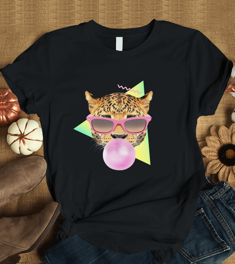 Bubble Gum Leopard with Pink Sunglasses Retro 80s T-Shirt