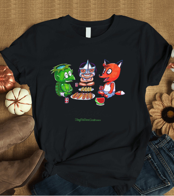 T-Shirt: Three Cartoon Characters with Food and Drinks Celebrating A Kingmakers Summer T-Shirt Three Cartoon Characters with Food and Drinks Celebrating A Kingmakers Summer T-Shirt