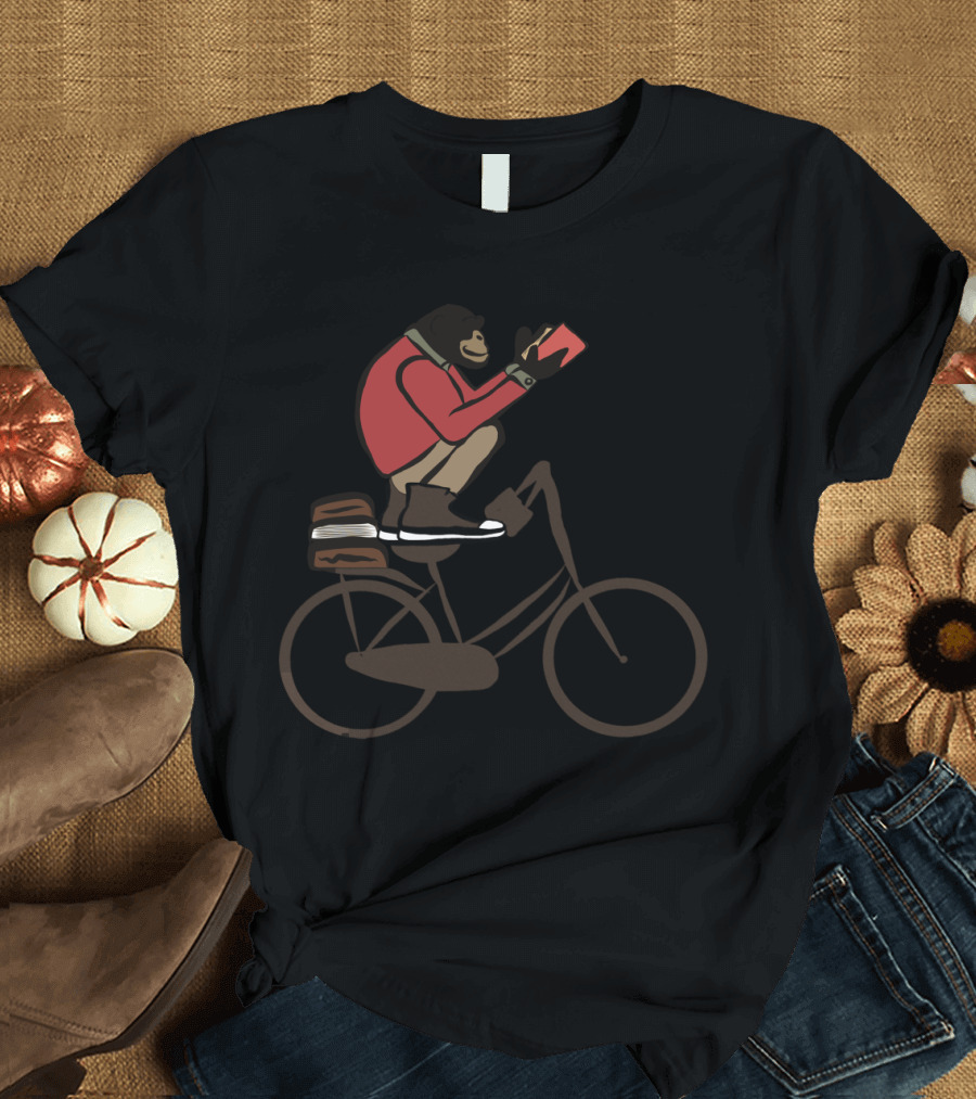 Chimp Reading on Bicycle with Red Book and Backpack T-Shirt