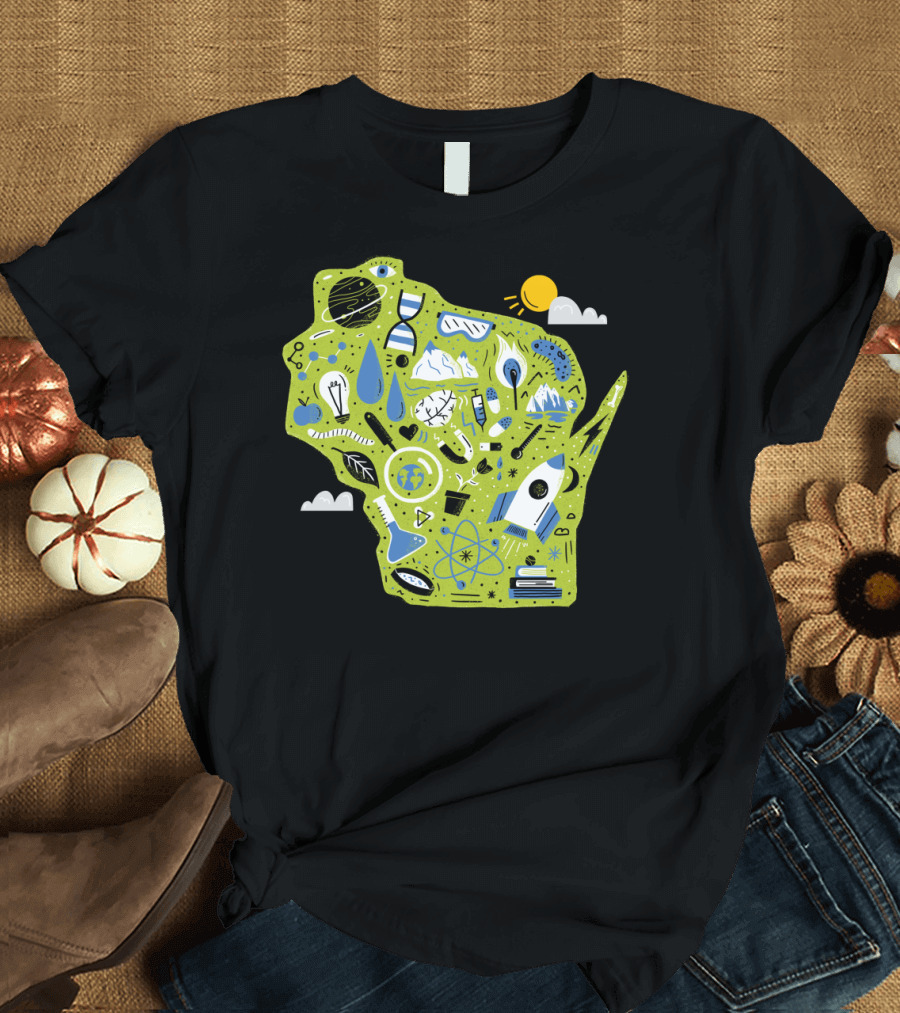 Celebrating Science Wisconsin Map with Icons of Nature Technology and Innovation T-Shirt