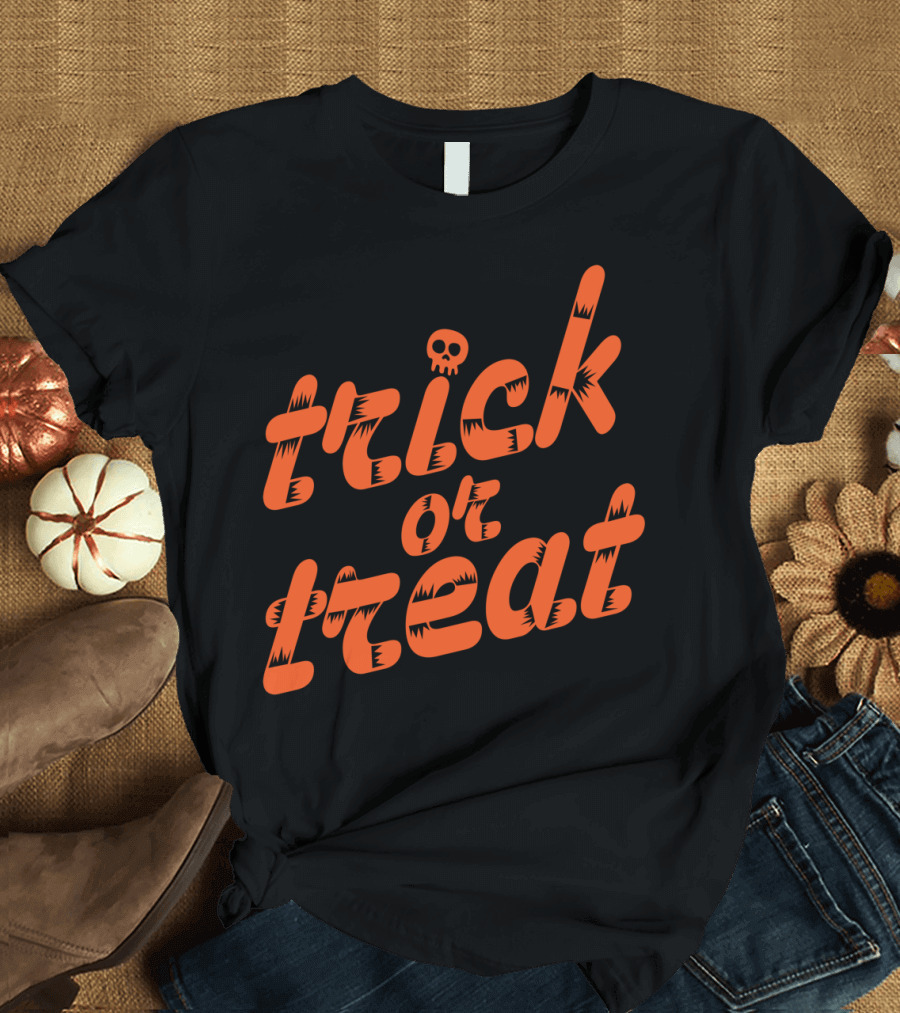 Trick or Treat Skull Halloween Orange Letters T-Shirt