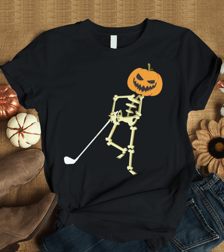 Pumpkin Head Skeleton Playing Golf with Funny Humor T-Shirt