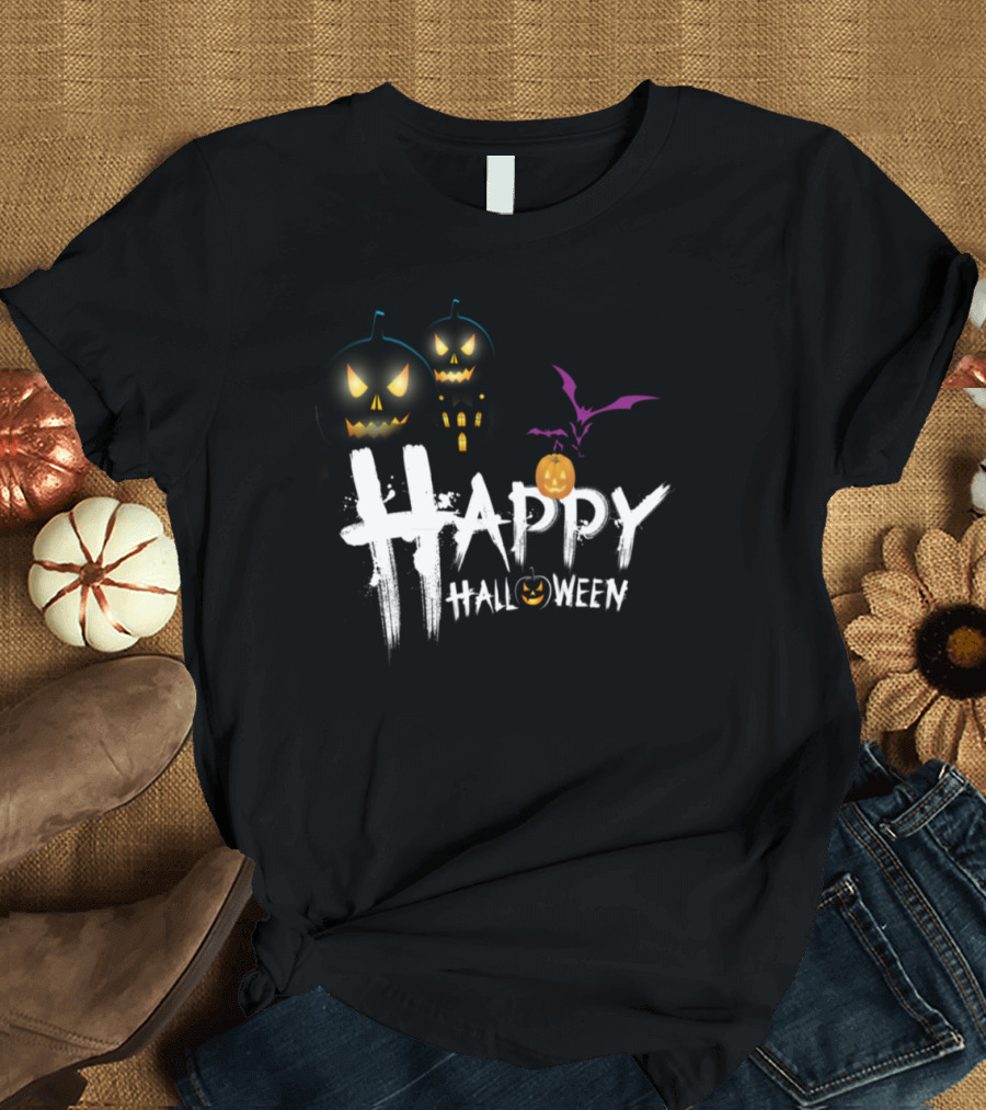Happy Halloween Haunted Pumpkins Bats and Spooky House Scene T-Shirt