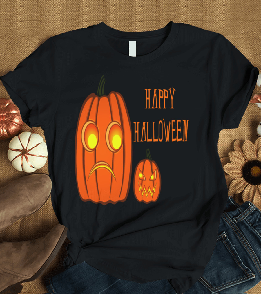 Halloween Nervous Pumpkin with Happy Expression Contrast T-Shirt