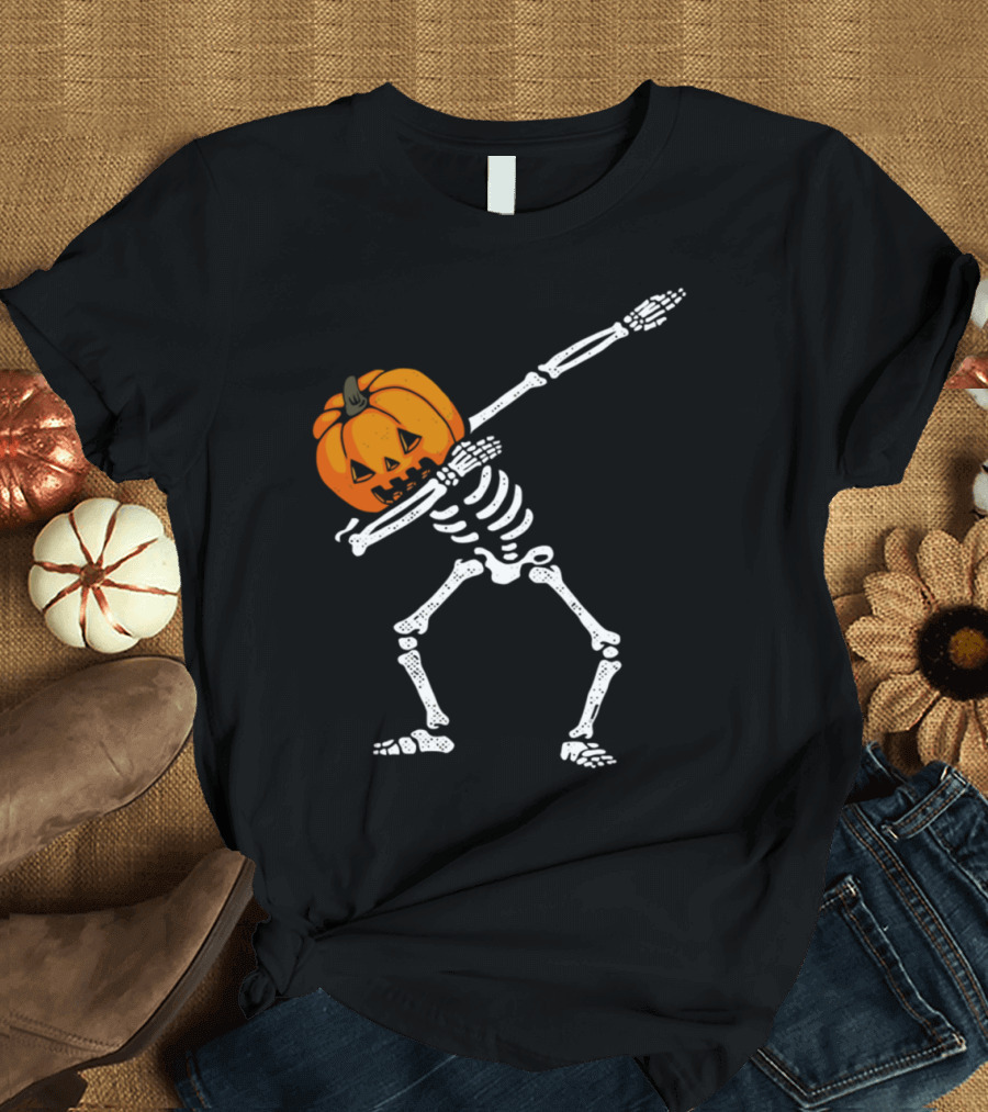 Dabbing Skeleton with Pumpkin Head Halloween Dance T-Shirt