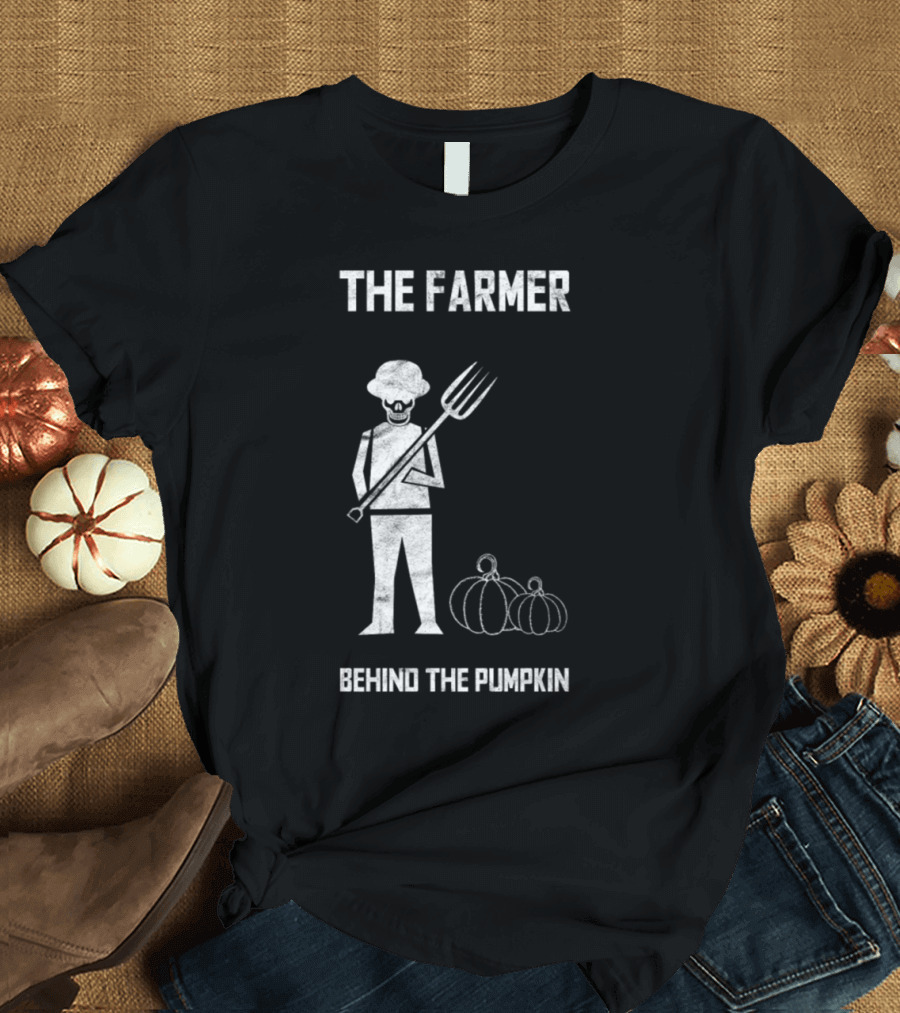 The Farmer Behind the Pumpkin with Pitchfork and Harvest Scene T-Shirt