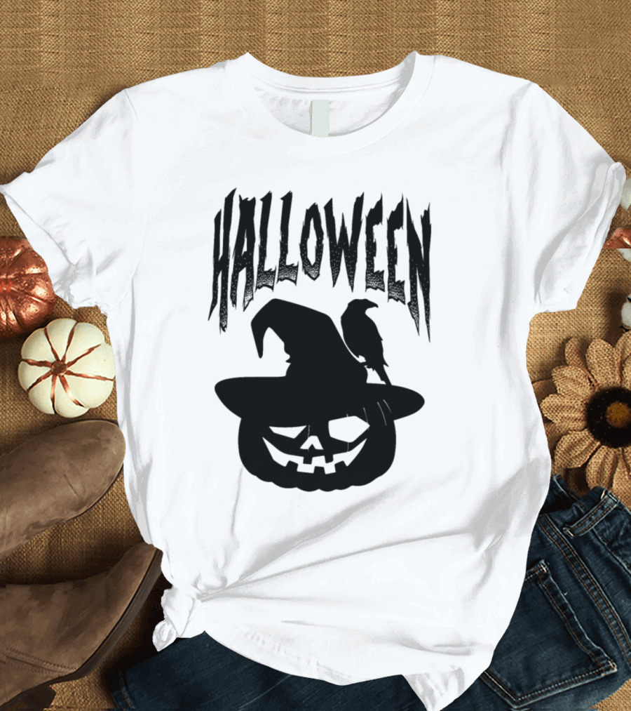 Halloween Pumpkin with Witch Hat and Crow T-Shirt