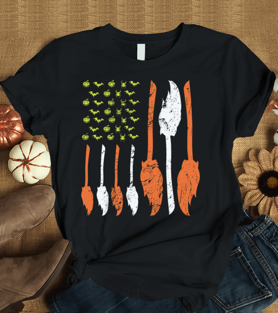 Halloween American Flag Witches Brooms Bats Pumpkins T-Shirt