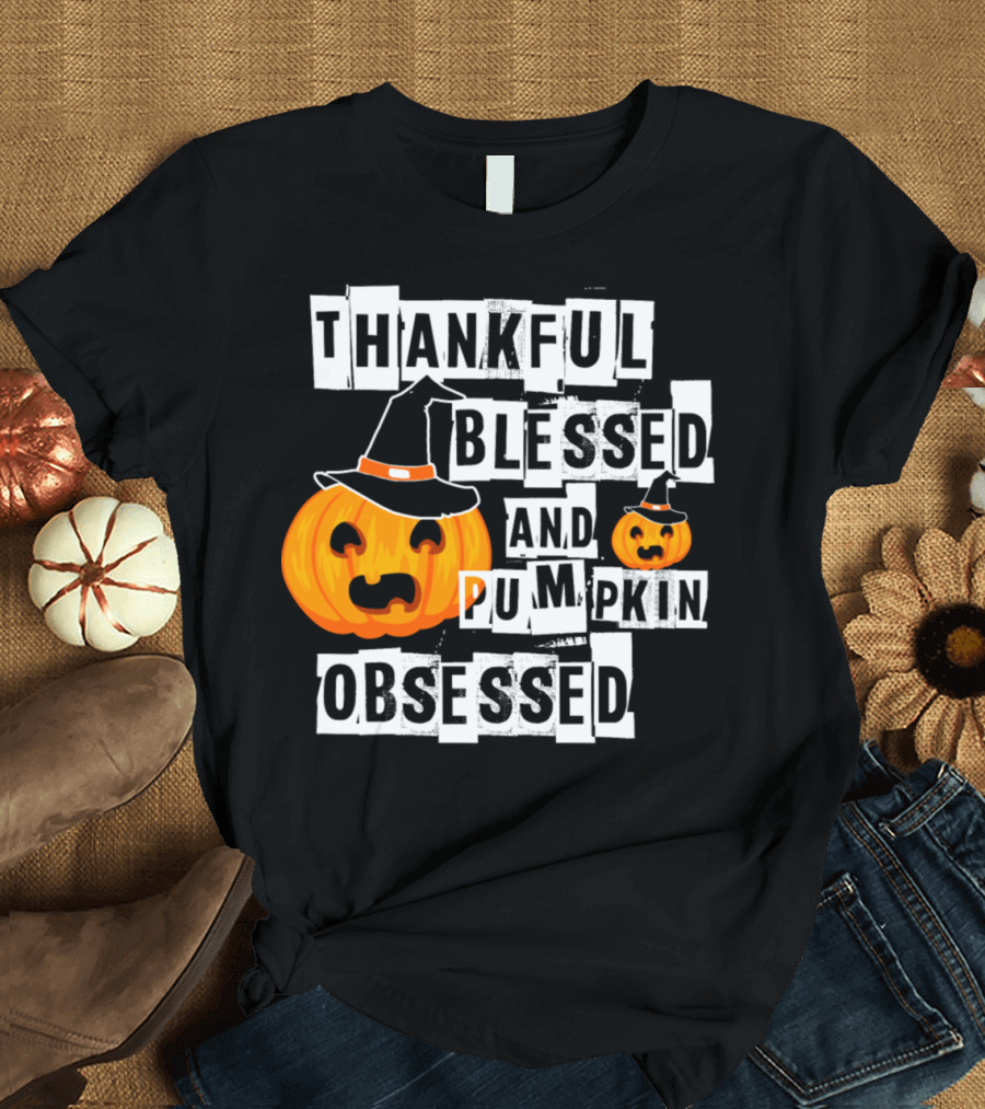 Thankful Blessed and Pumpkin Obsessed Halloween Jackolantern Witch Hat Dark T-Shirt