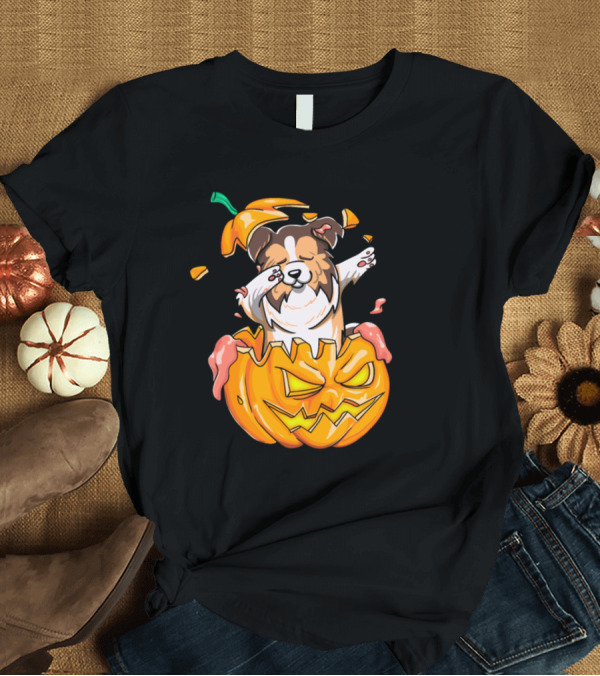 T-Shirt: Sheltie Dabbing in Halloween Jack-O'-Lantern Pumpkin T-Shirt Sheltie Dabbing in Halloween Jack-O'-Lantern Pumpkin T-Shirt