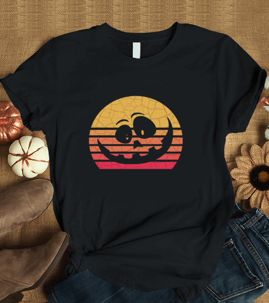 Retro Sunset Pumpkin Face Vintage Halloween T-Shirt
