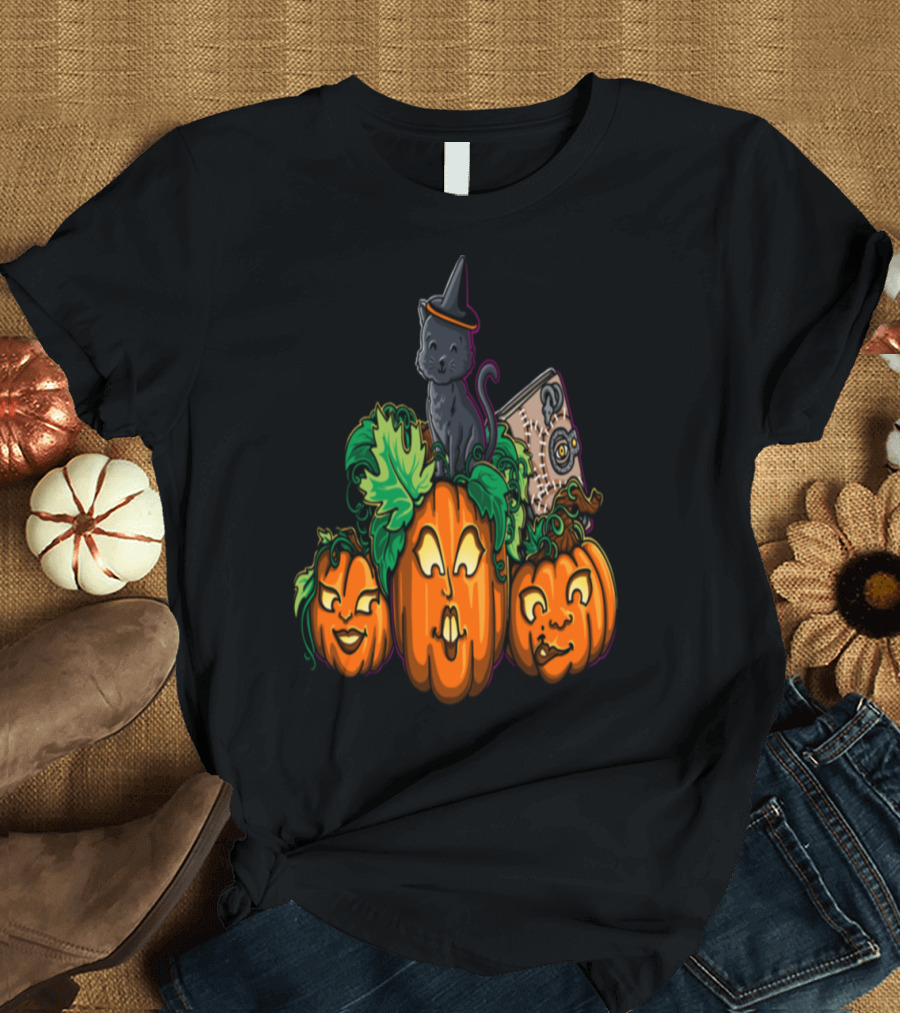 Halloween Cat Witch Hat Pumpkins Book High Quality T-Shirt