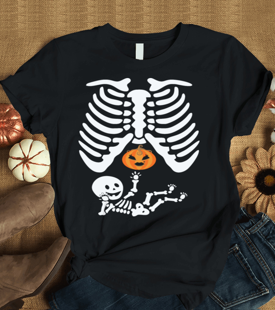 Pregnant Halloween Skeleton Twins Boys Pumpkin Ribcage T-Shirt