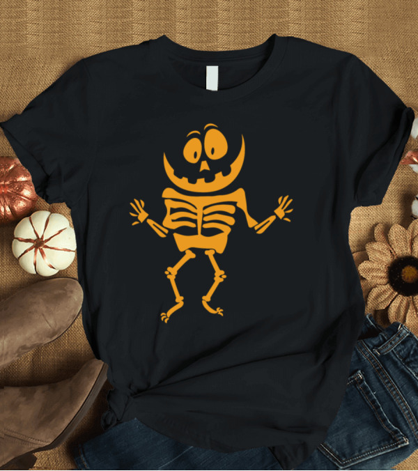 T-Shirt: Happy Dancing Skeleton Pumpkin Face Halloween T-Shirt Happy Dancing Skeleton Pumpkin Face Halloween T-Shirt