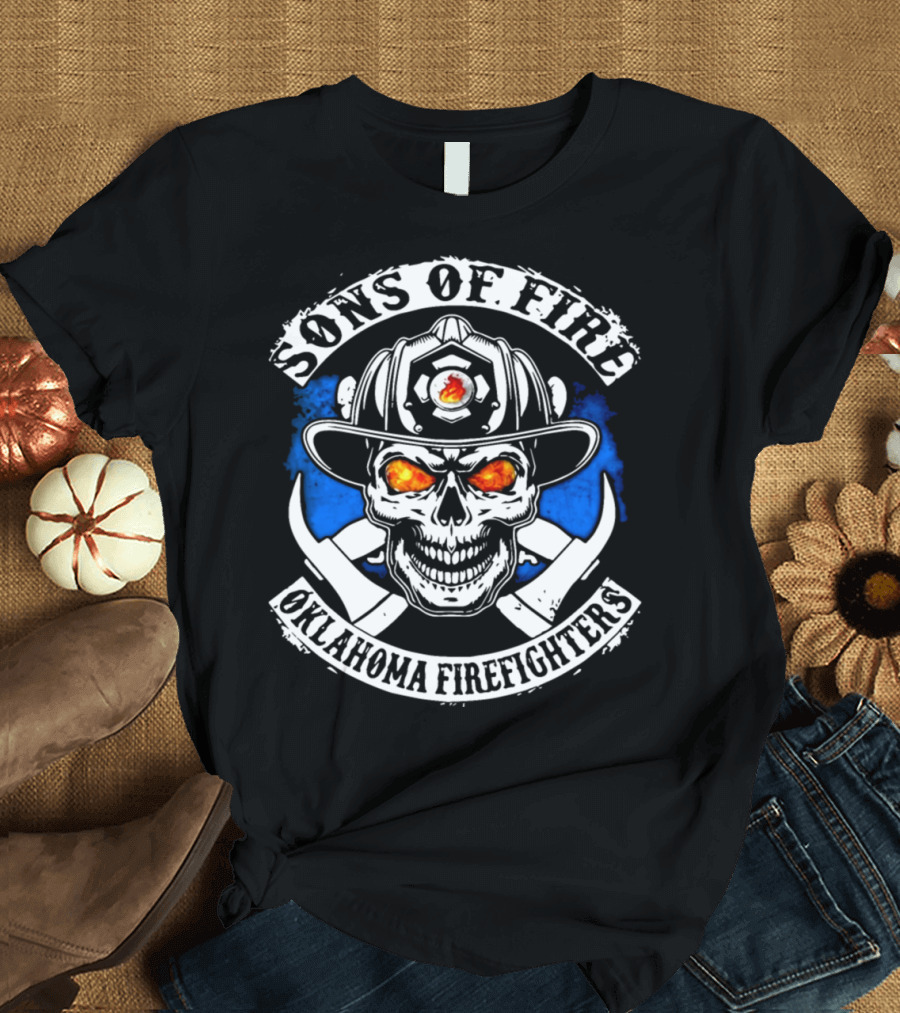 Sons of Fire Oklahoma Firefighters Skull Helmet Blue Flames T-Shirt