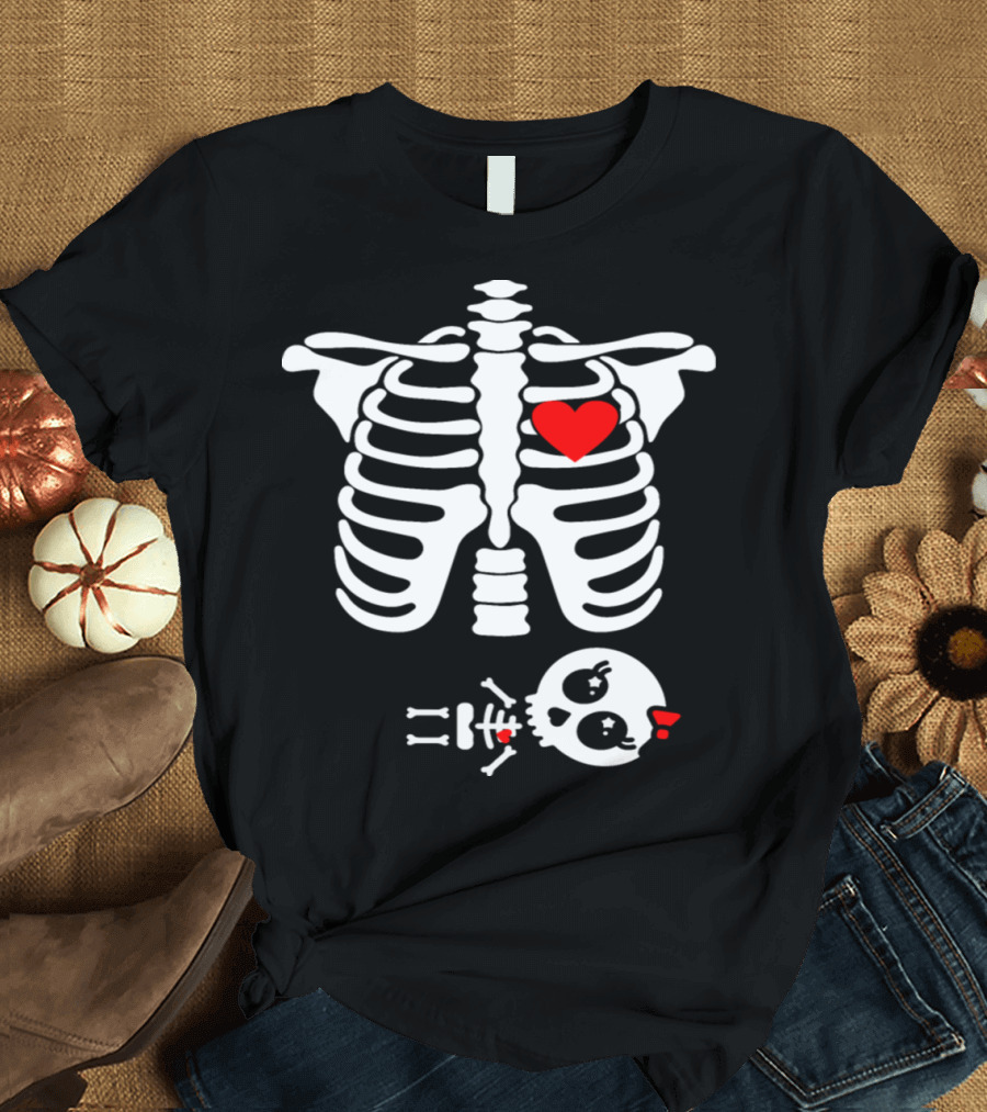 Pregnant Skeleton Costume Halloween Baby Girl Heart Bow T-Shirt