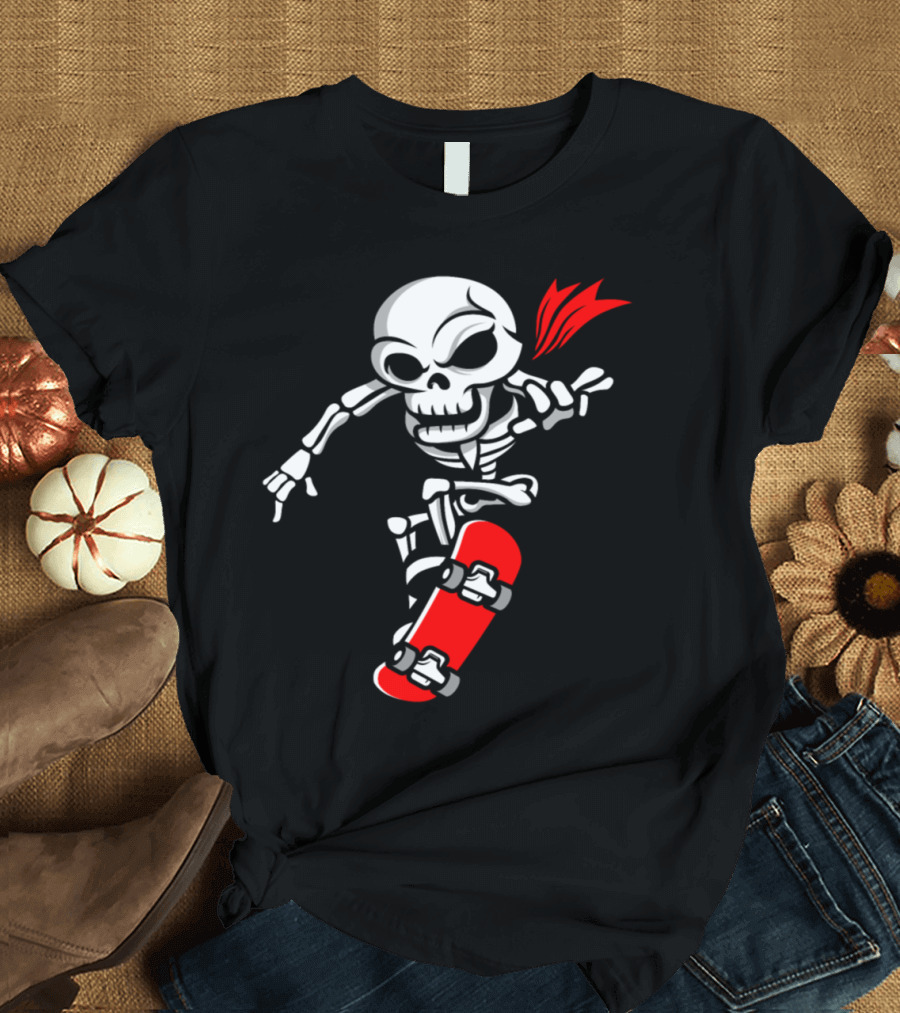 Skull Skeleton Skateboarder with Red Board Streetwear Fun T-Shirt