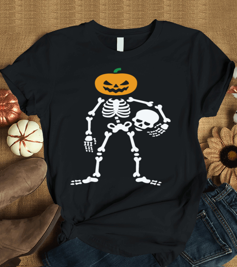 Skeleton with Pumpkin Head and Skull T-Shirt