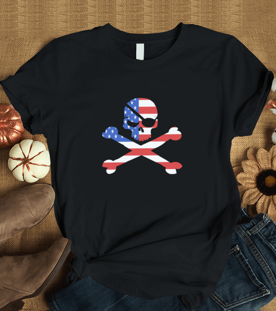 4th of July American Flag Skull Crossbones Patriotic Skeleton T-Shirt