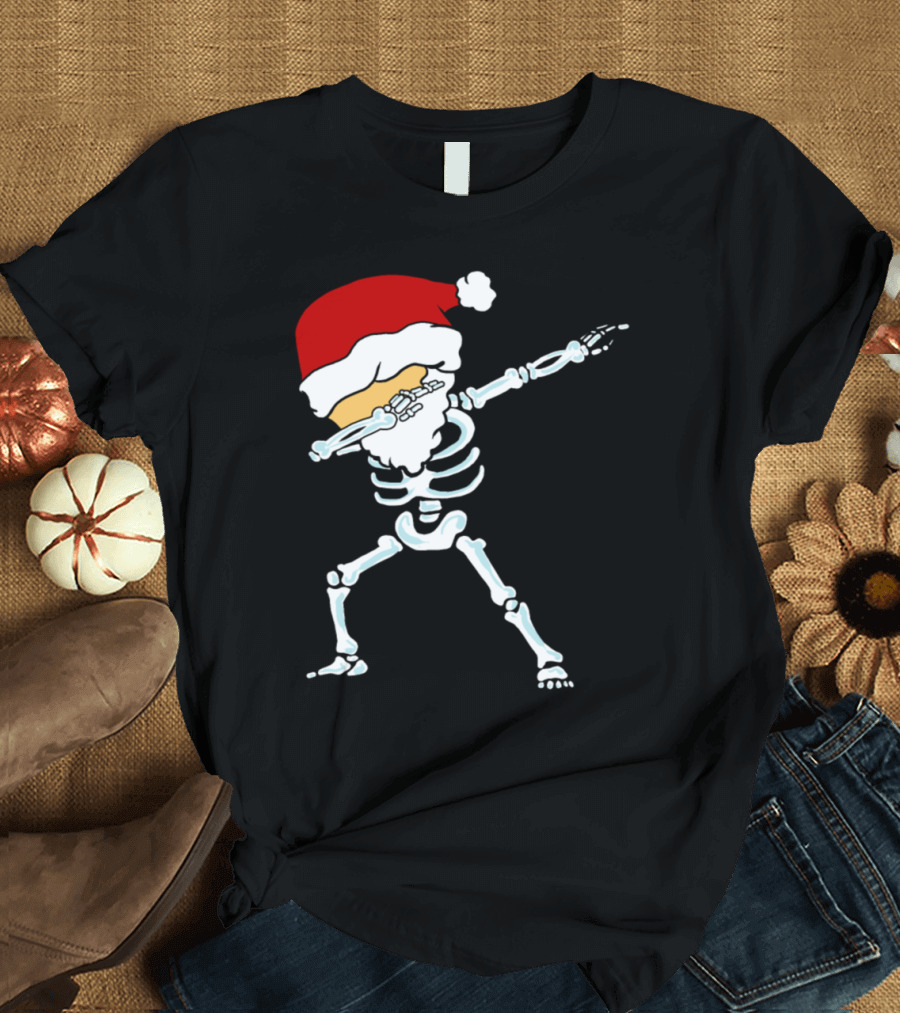 Dabbing Christmas Skeleton Wearing Santa Hat T-Shirt
