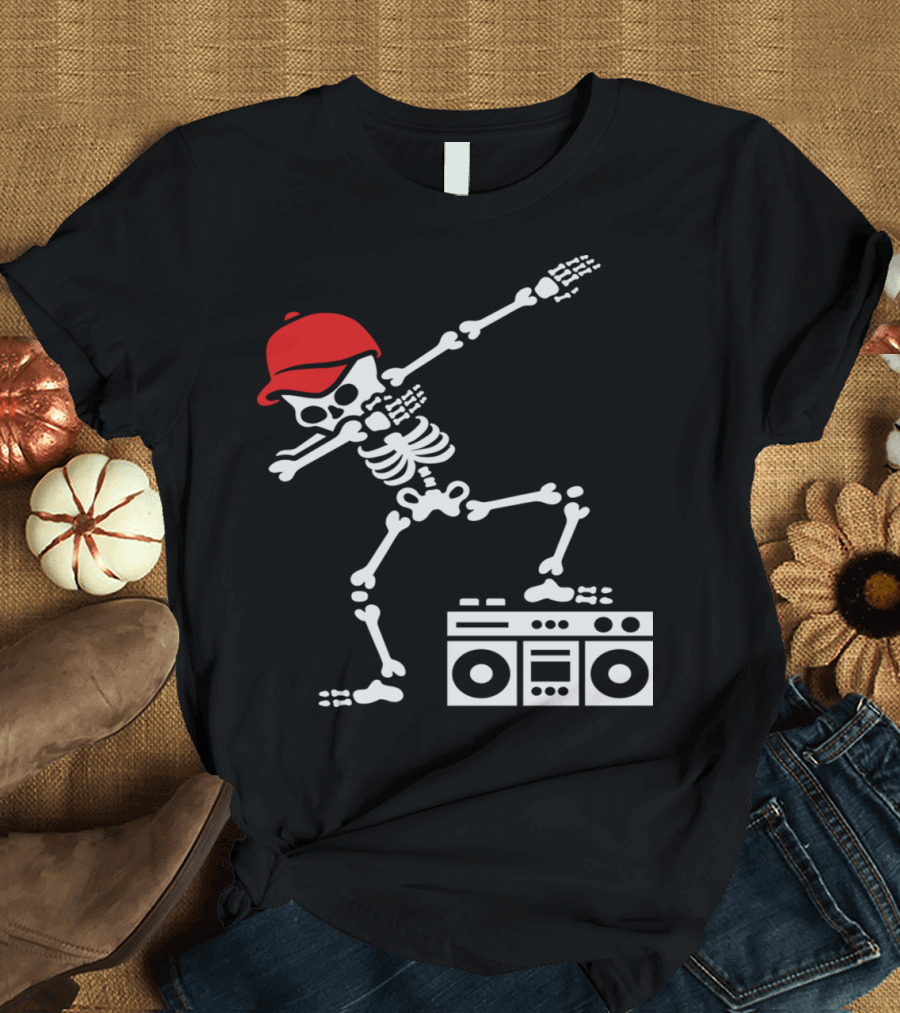 Dabbing Skeleton with Red Hat and Boombox Ghetto Blaster T-Shirt