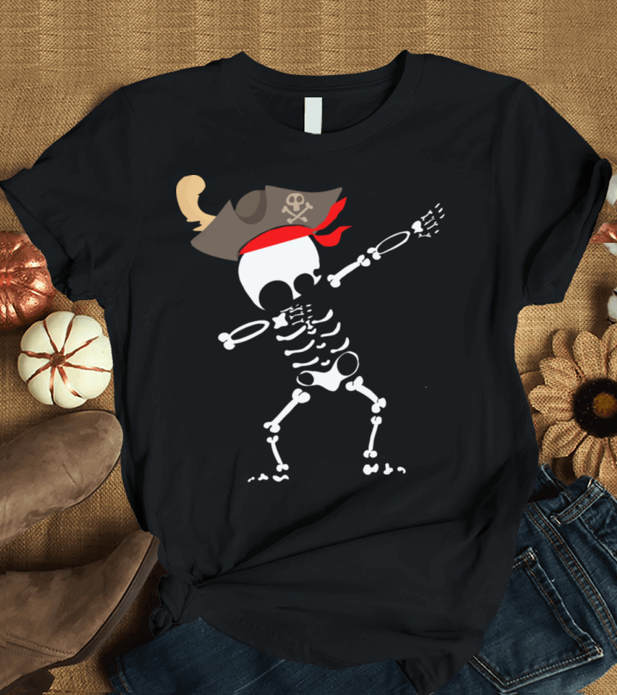 Dabbing Skeleton in Pirate Hat with Skull and Crossbones T-Shirt