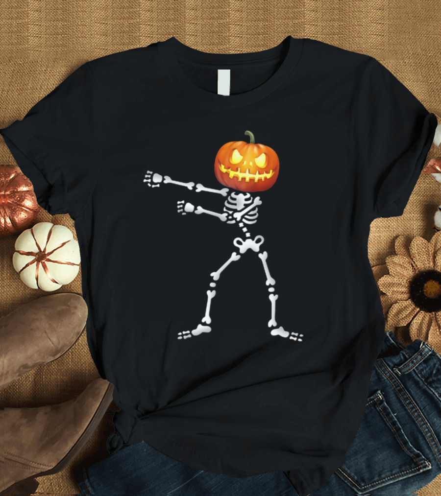 Skeleton With Pumpkin Head Doing Backpack Dance Halloween T-Shirt