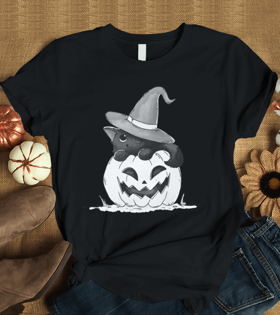Pumpkin Halloween Black Cat Witch Hat Jack O'Lantern T-Shirt