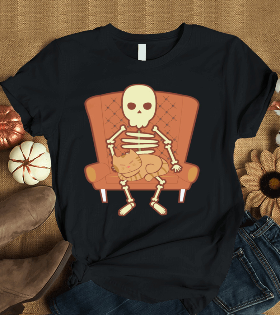 Cat Lover Kitten Feline Skeleton Skull Couch T-Shirt