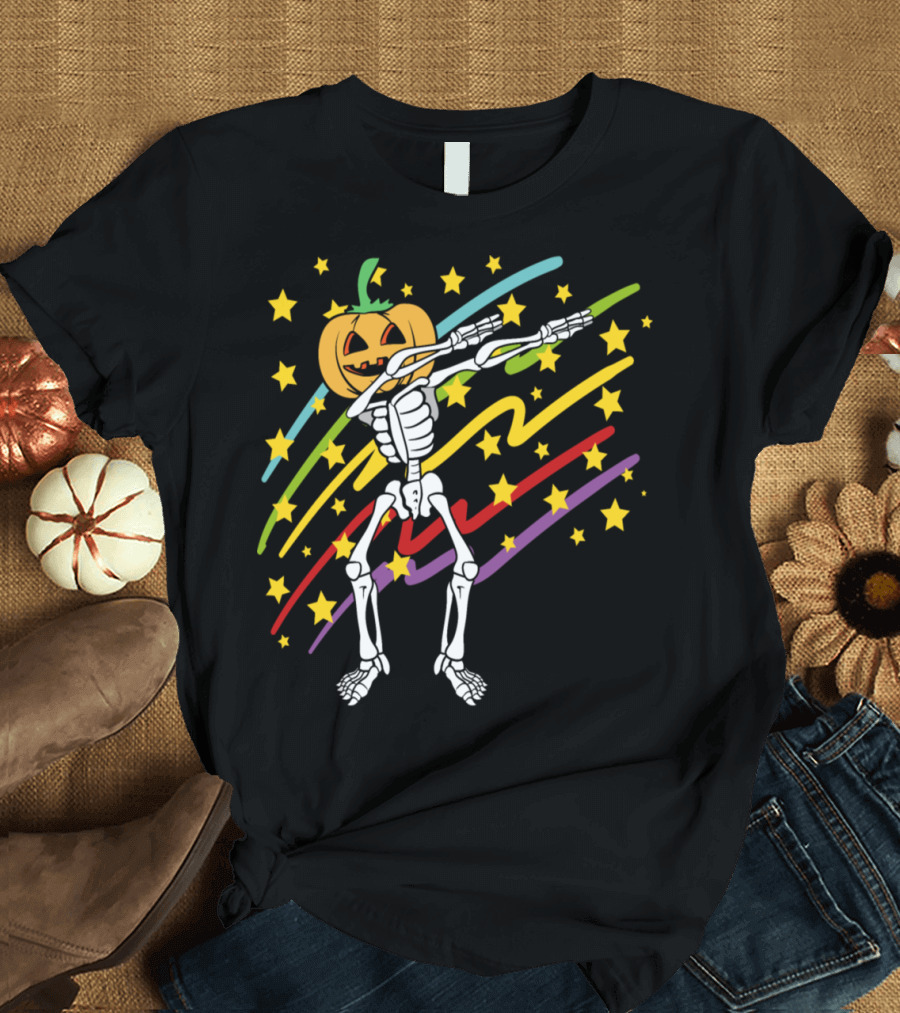 Dabbing Pumpkin Skeleton Halloween Disco Party Music Stars T-Shirt